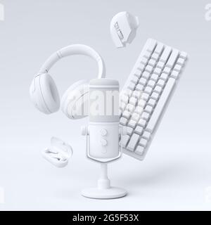 Fliegende Gamer-Gears wie Maus, Tastatur, Joystick, Headset, VR, Mikrofon Stockfoto