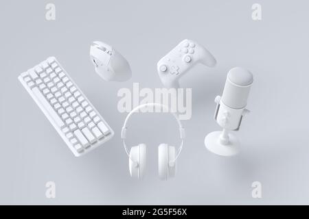 Fliegende Gamer-Gears wie Maus, Tastatur, Joystick, Headset, VR, Mikrofon Stockfoto