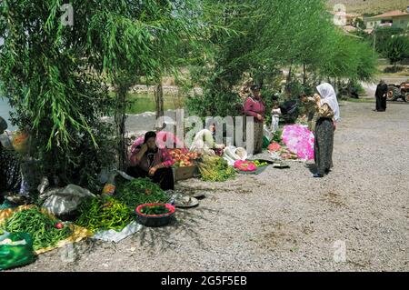 Ländlicher Agrarmarkt in der Türkei Gemüse- und Obststand, wo muslimische Frauen mit traditionellem Kopftuch Produkte verkaufen, die auf dem Boden sitzen Stockfoto