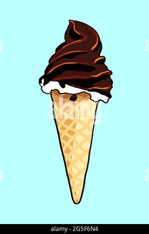 Dänisches weiches Eis in einem Waffelkegel - Zeichnung von Eis - Vanille mit Schokoladenglasur auf türkisblauem Hintergrund Stockfoto
