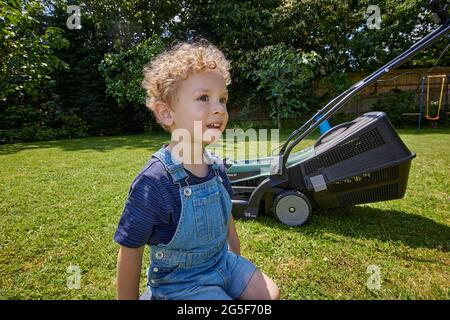 Ein weißer kaukasischer kleiner Junge im Alter von fast 3 Jahren mit lockigen blonden Haaren, die in Denim-Latzhose gekleidet sind, kniet an einem sonnigen Tag in England bei einem Rasenmäher im Garten Stockfoto