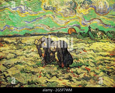 Vincent Van Gogh - zwei Bauernfrauen graben Feld mit Schnee 1890 Stockfoto