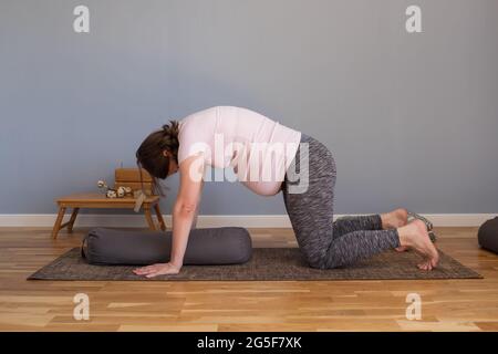 Pränatale Yoga-Meditation. Schwangerin macht Yoga-Meditation zu Hause Stockfoto