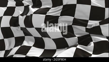 Karierte Rennen Flagge winkt im Wind auf Fahnenmast gegen den Himmel mit Wolken am sonnigen Tag. 3d-Illustration. Stockfoto