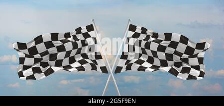 Karierte Rennen Flagge winkt im Wind auf Fahnenmast gegen den Himmel mit Wolken am sonnigen Tag. 3d-Illustration. Stockfoto