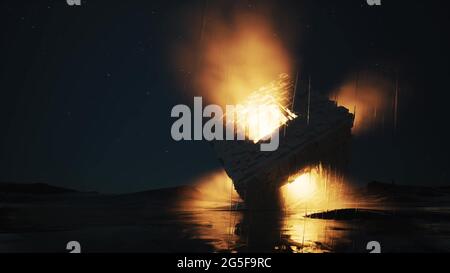 Rain Night Metal Cube Sci Fi Landschaft Alien Planet 3d Render Stockfoto