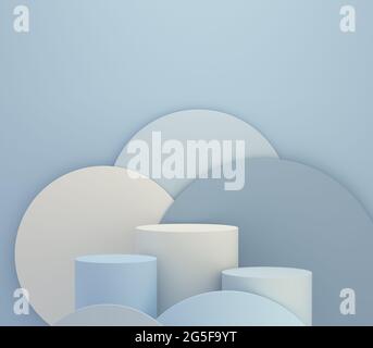 Minimalist Zylinder Sockel für Produktanzeige auf Kreisen blauen Hintergrund. Leere Podestplattform. 3D-Rendering. Stockfoto