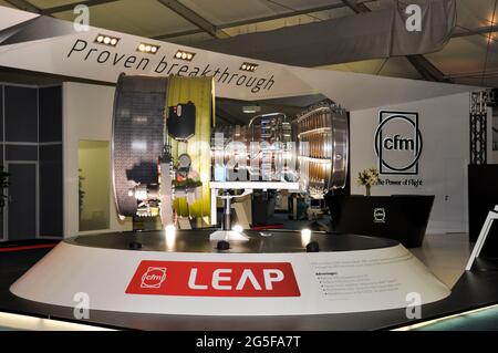 CFM International LEAP High-Bypass Turbofan-Motordisplay auf der Farnborough International Airshow 2012, Großbritannien. Wirtschaftliches Design Stockfoto