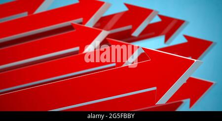 Rote Pfeile auf blauem Hintergrund nach oben. Abstraktes Geschäftswachstumskonzept. 3d-Illustration Stockfoto