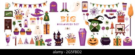 Ein großes Vektor-Set für Halloween. Flaches Design. Cartoon-Vorlage für Einladungen, Werbung, Plakate, Banner, Party, Postkarten. Helle niedliche Bild Stock Vektor