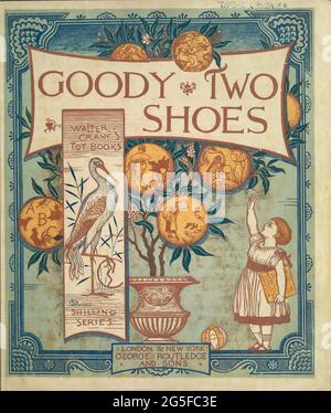 Goody Two Shoes von Walter Crane Veröffentlicht in London & New York von George Routledge and Sons 1874. Die Geschichte von Little Goody Two-Shoes ist eine Kindergeschichte, die 1765 von John Newbery in London veröffentlicht wurde. Die Geschichte popularisierte den Satz „gute zwei-Schuhe“ als Deskriptor für eine übermäßig tugendhafte Person oder einen Gutmenschen. Die Fabel erzählt von Goody Two-Shoes, dem Spitznamen eines armen Waisenmädchen namens Margery Meanwell, das mit nur einem Schuh durchs Leben geht. Wenn ein reicher Herr ihr ein komplettes Paar gibt, ist sie so glücklich, dass sie jedem erzählt, dass sie „zwei Schuhe“ hat. Später wird Margery teac Stockfoto