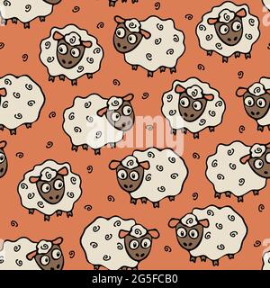 Nahtlose Vektor-Muster mit Cartoon Schafe auf rosa Hintergrund. Niedliches Tiertapete-Design mit Lamm. Ideal für Kinder Stoff, Mode, Textil. Stock Vektor