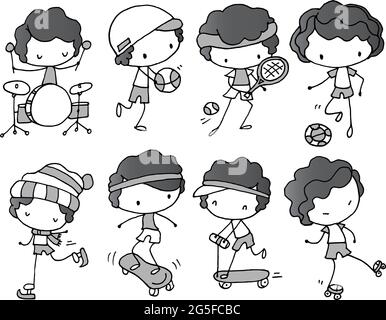 Vektor-Illustration Cartoon Junge spielt Musikinstrumente, Riemenscheibe, Tennis, Basketball, Fußball, Skating, Roller-Serie Grenze Rahmen Karte Hintergrund Stockfoto