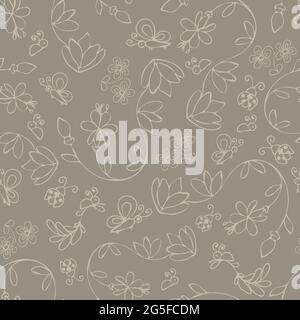 Nahtloses Vektor-Muster mit sanften Blumen und Bugs auf grauem Hintergrund. Wunderschönes florales Tapetendesign. Handgezeichnete botanische Mode Textil. Stock Vektor