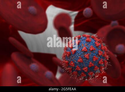 Virus und Blutkörperchen gegen Flagge der Schweiz. 3d-Abbildung. Virusinfektion, die chronische Krankheit verursacht. Hepatitis-Viren, Influenza-Virus H1N1, Stockfoto