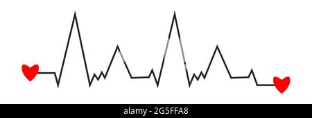 Schwarze Linie des Herzschlags im Kardiogramm. Zwei rote Herzen am Anfang und Ende der Kardiogramm-Linie. Elektrophysiologische Instrumentaldiagnostik in der Kardiologie. Stock Vektor