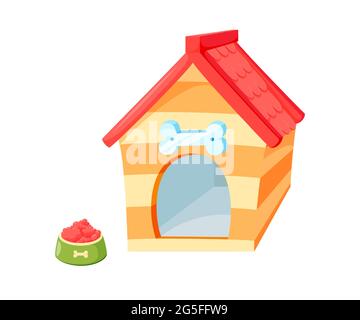 Hundezwinger mit Schale. holzhaus mit rotem Dach isoliert auf weißem Hintergrund. Vektor-Illustration in niedlichen Cartoon-Stil Stock Vektor