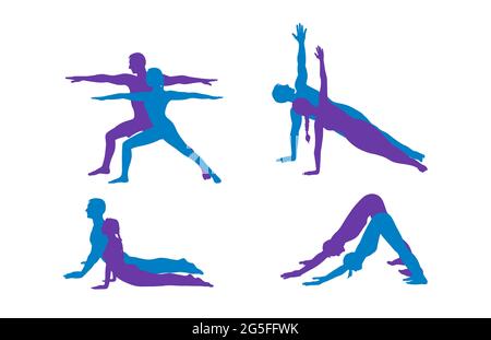 Yoga warrior, dog, cobra and side plank. Woman and man silhouettes strengthing yoga poses. Hand drawn vector illustration isolated on white background Stock Vektor