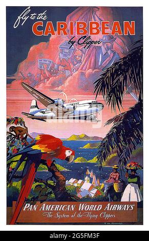 Ein Vintage-Reiseplakat für einen Besuch in der Karibik von Pan am Stockfoto