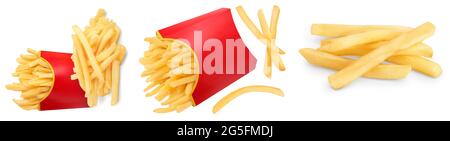 Pommes Frites oder Bratkartoffeln isoliert auf weißem Hintergrund. Set oder Collection Stockfoto