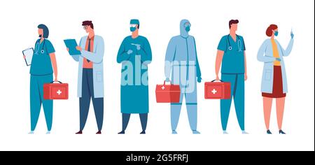Mitarbeiter im Gesundheitswesen. Medizinisches Team von Ärzten, Krankenschwestern, Chirurgen, Ärzten in Sanitätsuniform. Vektorkonzept für das „Stehen zusammen“ des Klinikpersonals. Teamarbeit mit Verbandskasten während der Pandemie Stock Vektor