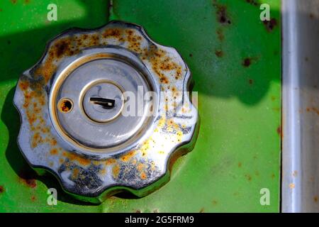 Draufsicht Nahaufnahme der alten Tankkappe. Bildfoto Stockfoto