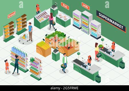 Isometrisches Lebensmittelgeschäft. Supermarkt Interieur mit Möbeln, Kunden, Kassierer. Menschen kaufen Lebensmittel, Einkaufszentrum 3d-Vektor-Layout. Mann und Frau mit Körben und Karren, die Waren kaufen Stock Vektor