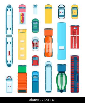 Auto Draufsicht. Stadtverkehr von oben. LKW, Bus, Krankenwagen, Taxi, Polizeiauto. Flache Stadtfahrzeuge, Transport Icon Vector Set. Sammlung von städtischen oder kommunalen Serviceelementen Stock Vektor