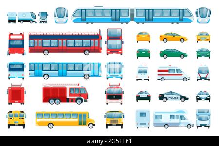 Rückansicht der Fahrzeugseite. Stadtfahrzeuge PKW, Taxi, Polizeiauto, Zug. Flache Stadt öffentlichen Verkehrsmitteln aus verschiedenen Winkeln Vektor-Set. Abholung des Nottransportdienstes Stock Vektor