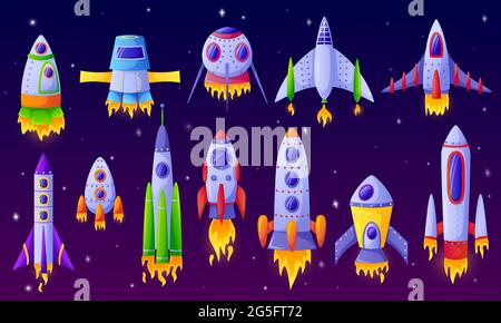 Cartoon-Raumschiffe. Futuristische Raketen, Raumschiff mit Weltraumhintergrund. Farbenfrohes Weltraumflugzeug, Shuttle oder Fahrzeugspielzeug für Kinder Vektorset. Universum Exploration Spiel futuristische Objekte Stock Vektor