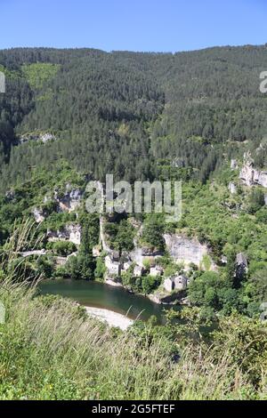 Das malerische Dorf Castelbouc mit seiner ruinierten Burg, die den Fluss Tarn überblickt, wurde 2017 zu einer neuen Gemeinde, Gorges du Tarn Causses, zusammengeführt. Okzitanien, Lozere, Cevennes Frankreich Stockfoto