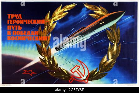 Vintage Sowjetisches Weltraumrennen Propaganda Poster Heroic Cosmic Victory UdSSR 1964 Stockfoto