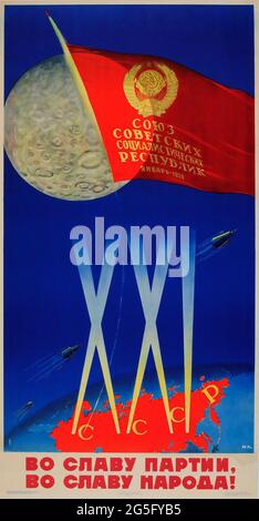 Vintage Soviet Luna Space Race Propaganda Poster UdSSR – CCCP Sputnik Moon Stockfoto