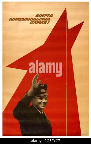 Vintage Poster Sowjetische Propaganda Komsomol Youth Juri Gagarin Space Race 1974 Stockfoto