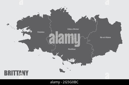 Bretagne Verwaltungskarte in Abteilungen mit Etiketten, Frankreich geteilt Stock Vektor