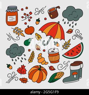 Herbstelemente im Doodle- und Cartoon-Stil. Regenschirm und Regen, Kürbis und Wassermelone, Gummistiefel. Vektorgrafik auf grauem Hintergrund Stock Vektor