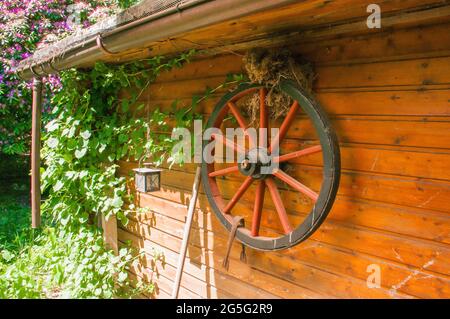 Dekoration auf einem Gartenschuppen. Ein altes Kutschenrad, auf dem ein Vogel sein Nest gebaut hat Stockfoto