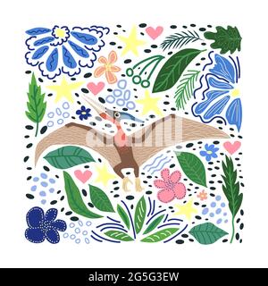 Fliegende Pterodactyl, prähistorische Dinosaurier Sammlung. Uralte Tiere. Von Hand gezeichnet. In einem Rahmen aus Blumen und Blättern. Stock Vektor