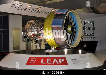 CFM International LEAP High-Bypass Turbofan-Motordisplay auf der Farnborough International Airshow 2012, Großbritannien. Verwendet von Boeing 737 MAX Stockfoto