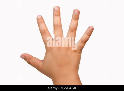 Kinderhand mit fünf-Finger-Geste, isolierter, weißer Hintergrund. Stockfoto