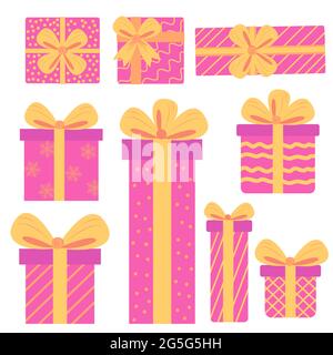 Geschenkschachteln, Geschenke Icon-Set. Handgezeichnete Doodle-Kollektion. Verkaufskonzept. Geburtstagsfeier Weihnachten. Zeichentrickelemente, flaches Design illustrati Stock Vektor