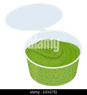 Grüne Pesto-Sauce in kleiner Plastikschüssel auf weißem Hintergrund, leckere Cartoon-Food-Würze. Vektorgrafik. Stock Vektor