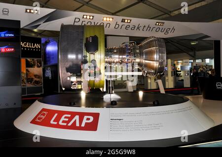 CFM International LEAP High-Bypass Turbofan-Motordisplay auf der Farnborough International Airshow 2012, Großbritannien. Wirtschaftliches Design Stockfoto