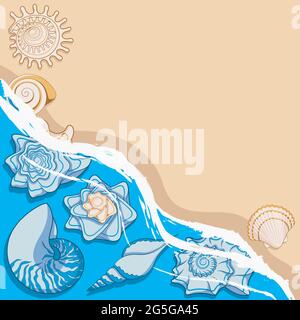 Hintergrund mit Muscheln und Brandung. Marine-Vektor-Farbhintergrund. Stock Vektor