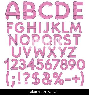 Buchstaben, Zahlen und Schilder aus rosa Stoff. Isolierte Objekte auf weißem Hintergrund. Stock Vektor