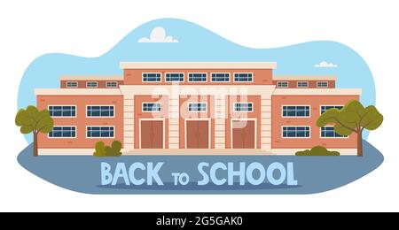 Back to School Konzept. Außenansicht Des Modernen Schulgebäudes. Fassade des Gymnasiums mit großen Fenstern. Design für Flyer, Banner, Karte. Vektor-Abb. Stock Vektor