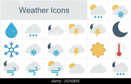 Wettersymbole. Design-Elemente für Wettervorhersagen, isoliert auf weißem Hintergrund. Stock Vektor