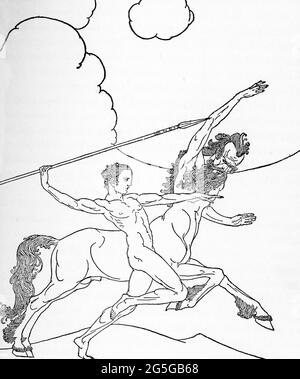 Dieses Bild aus dem Jahr 1918 zeigt Chiron (Cheiron), den Centaur, der Peleus den großen Speer gab, eine Szene aus Homers Odyssee. Chiron war Gast bei der Hochzeit von Peleus und Thetis. Chiron überreichte Peleus einen Speer aus Asche, der von Athene poliert und von Hephaestus mit seiner Metallspitze behauen worden war. Dieser Speer würde später dem Sohn des Peleus, Achilles, dem griechischen Helden des Trojanischen Krieges, gehören. Stockfoto