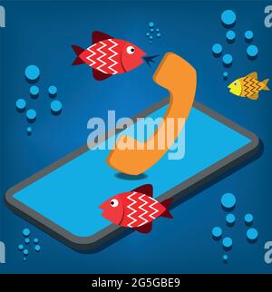 Wasserdichtigkeit Telefon. Fische rufen im Wasser. Vektorgrafik. Stock Vektor