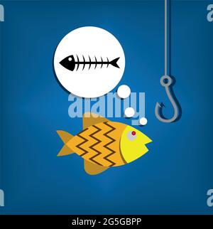 Goldfisch, Fischskelett und Fischhaken. Vektorgrafik. Stock Vektor